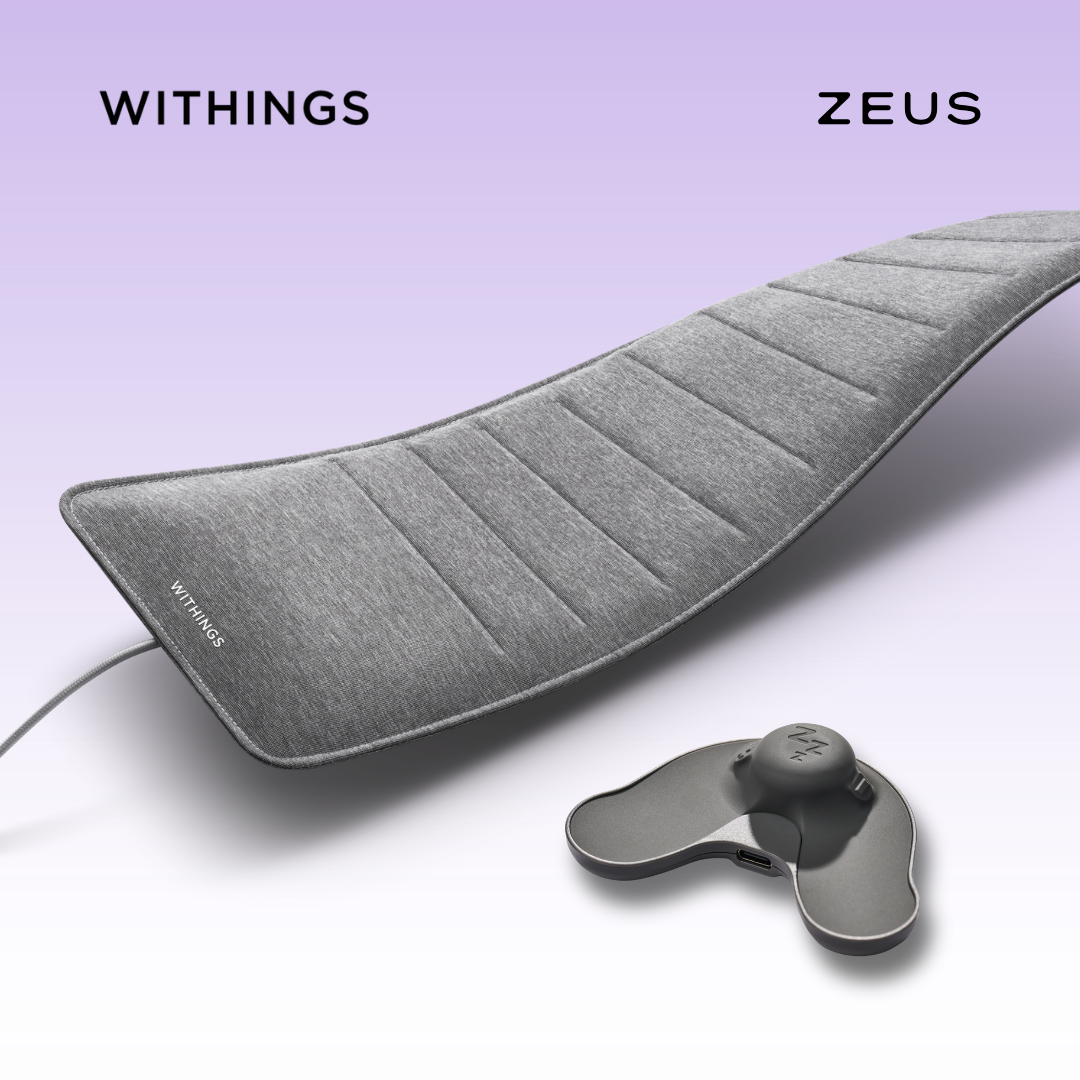 Zeus Withings Sleep Analyzer device for monitoring sleep patterns and health tracking, shown on a sleek white surface.